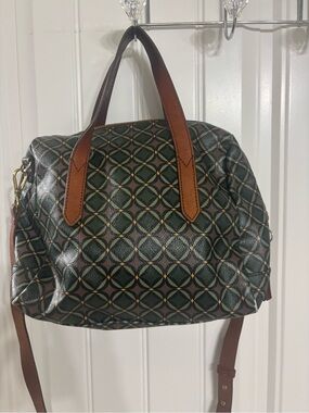 Fossil Green Geometric Dome Satchel with Brown Leather Trim